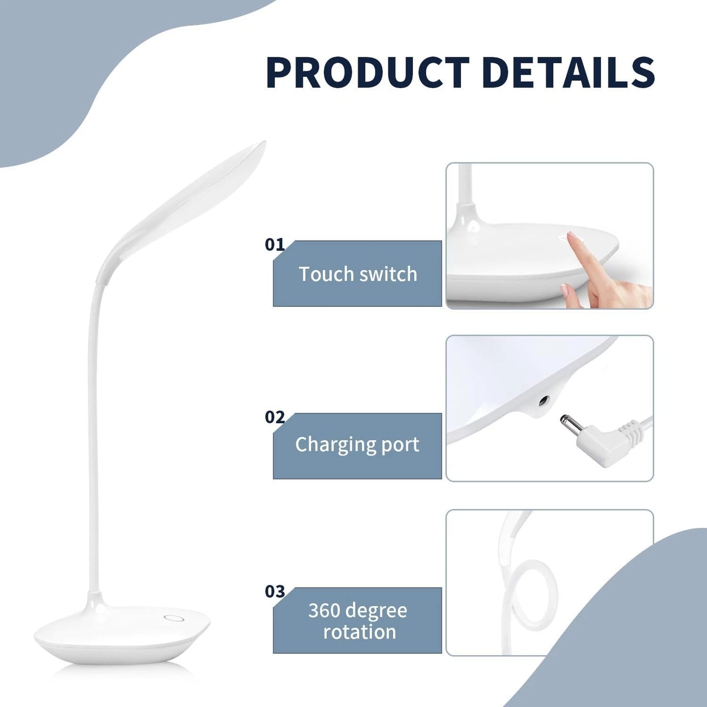 20LED Flexible Touch Desk Light Bedside Reading Lamp Dimmable USB Rechargeable
